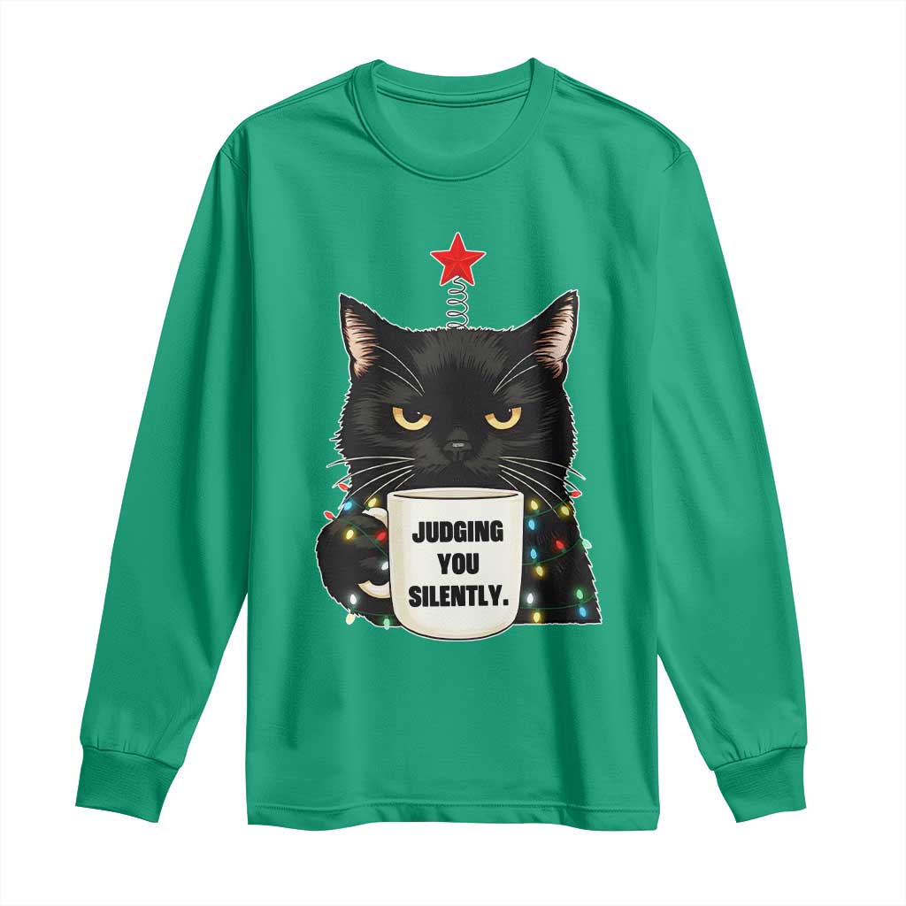 Funny Black Cat Christmas Long Sleeve Shirt Judging You Silently - Wonder Print Shop