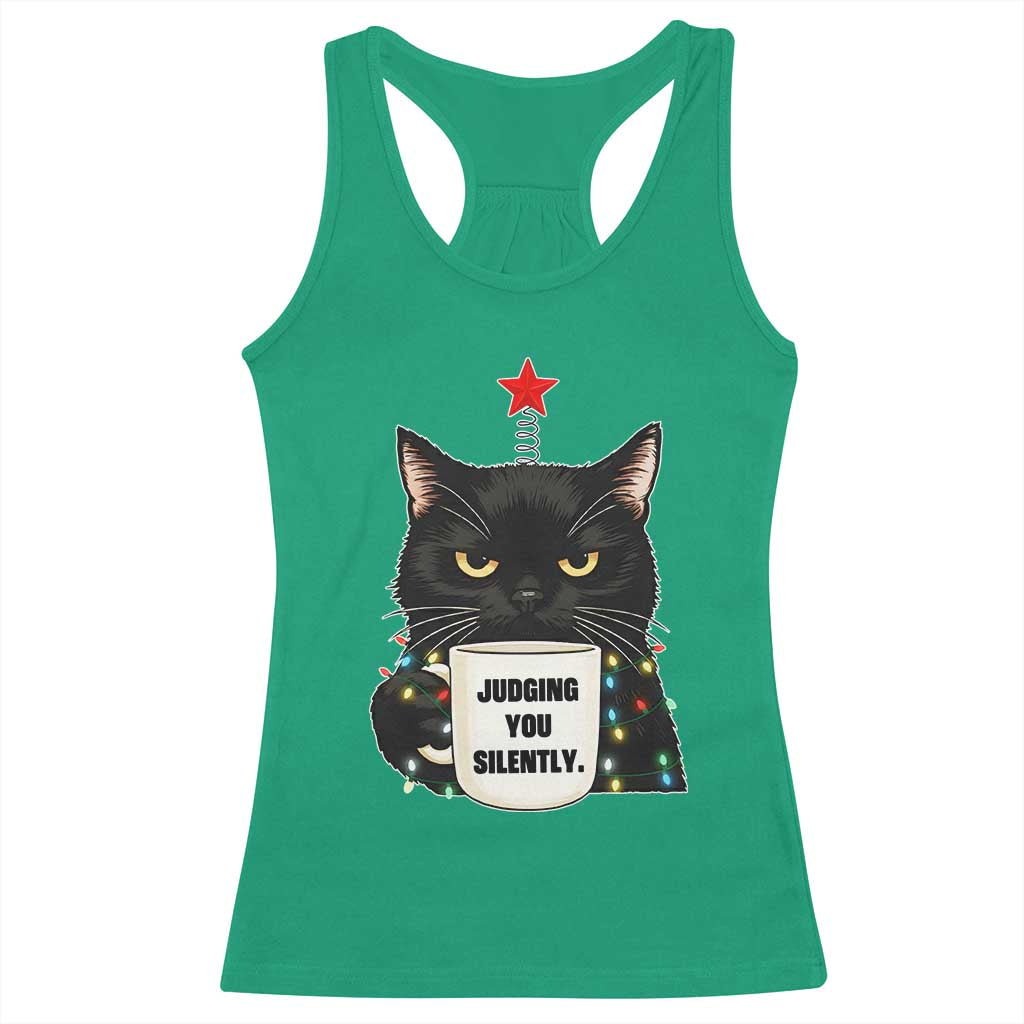 Funny Black Cat Christmas Racerback Tank Top Judging You Silently - Wonder Print Shop
