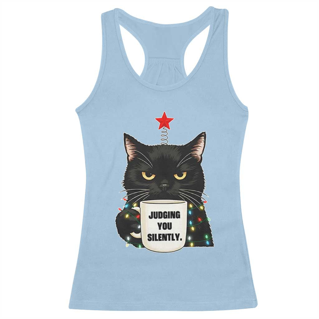 Funny Black Cat Christmas Racerback Tank Top Judging You Silently - Wonder Print Shop