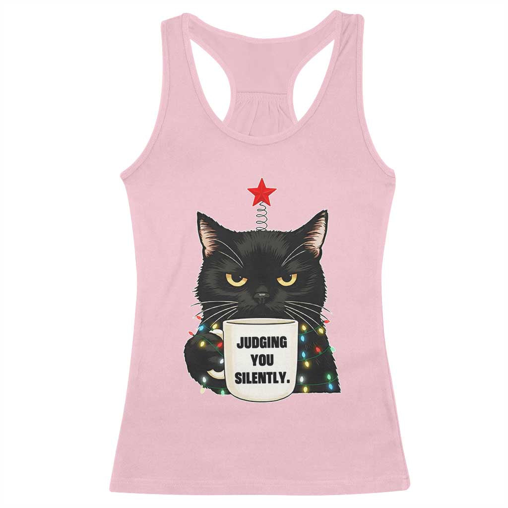 Funny Black Cat Christmas Racerback Tank Top Judging You Silently - Wonder Print Shop