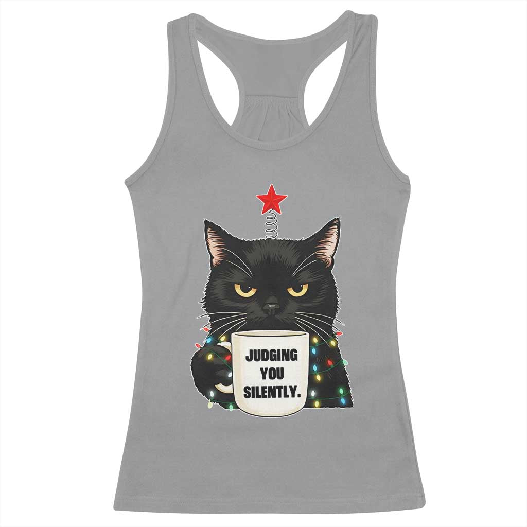Funny Black Cat Christmas Racerback Tank Top Judging You Silently - Wonder Print Shop