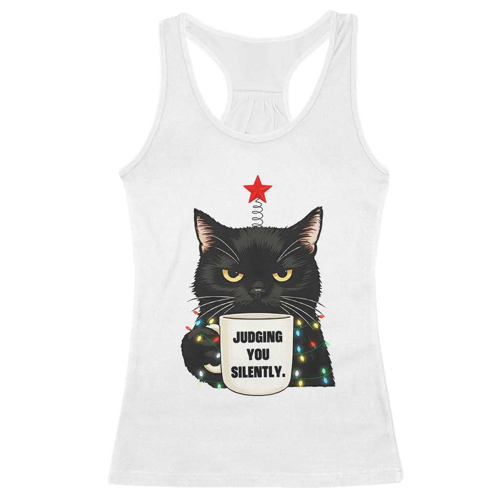 Funny Black Cat Christmas Racerback Tank Top Judging You Silently - Wonder Print Shop