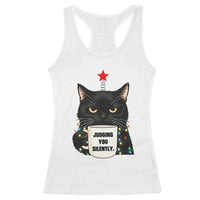 Funny Black Cat Christmas Racerback Tank Top Judging You Silently - Wonder Print Shop
