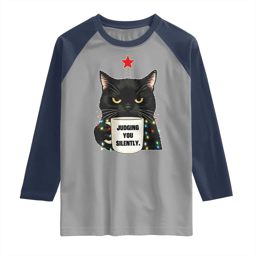 Funny Black Cat Christmas Raglan Shirt Judging You Silently - Wonder Print Shop