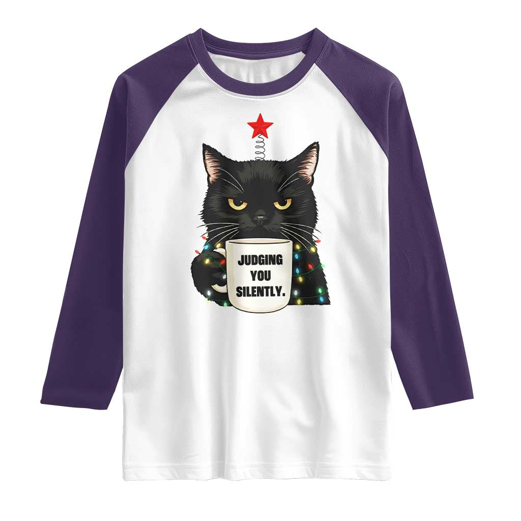 Funny Black Cat Christmas Raglan Shirt Judging You Silently - Wonder Print Shop