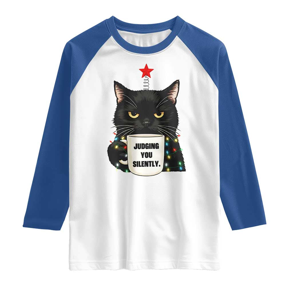 Funny Black Cat Christmas Raglan Shirt Judging You Silently - Wonder Print Shop
