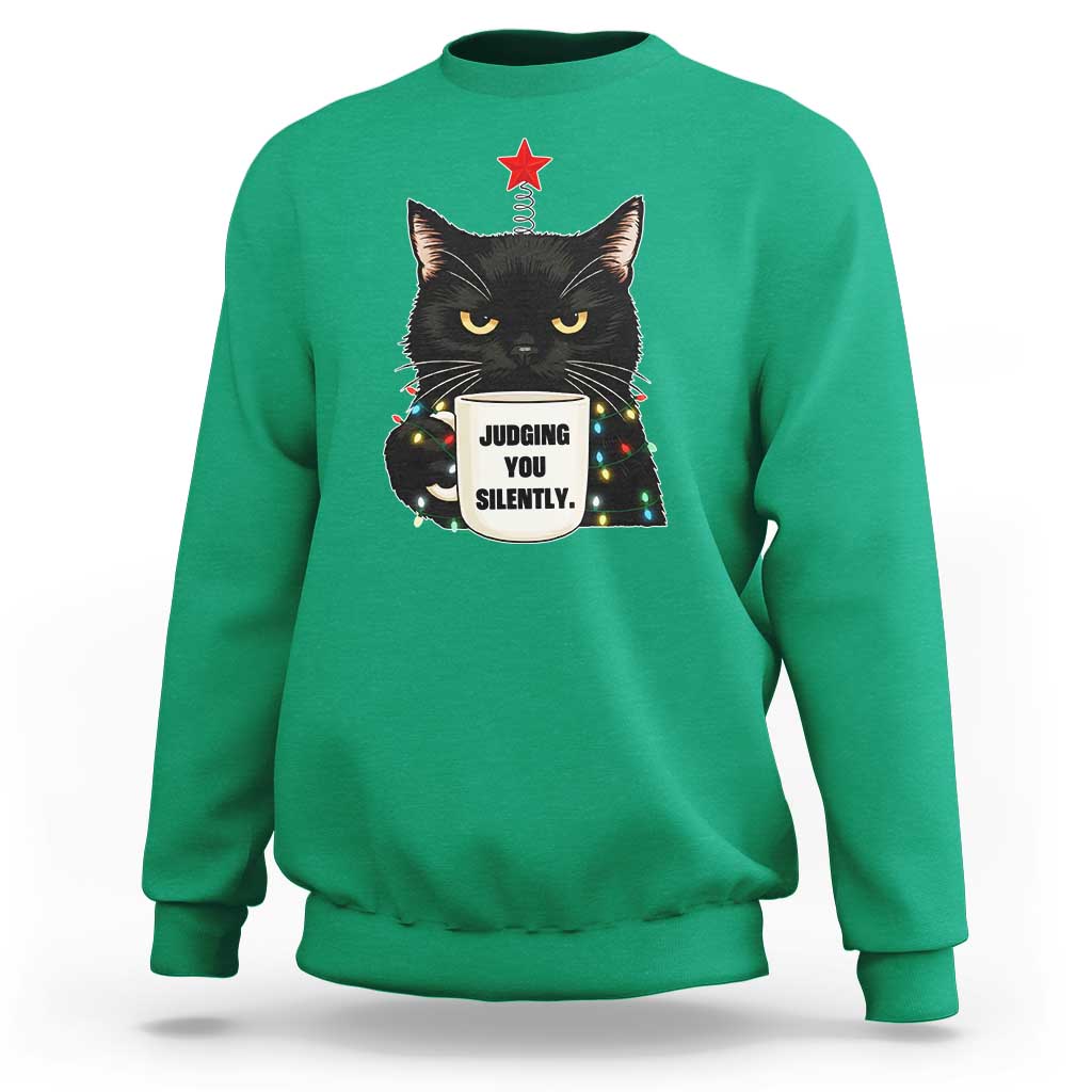 Funny Black Cat Christmas Sweatshirt Judging You Silently - Wonder Print Shop