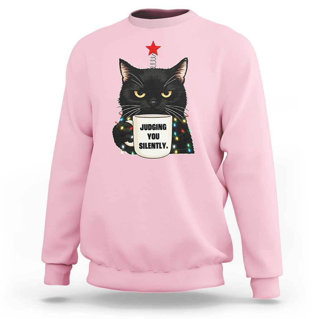 Funny Black Cat Christmas Sweatshirt Judging You Silently - Wonder Print Shop