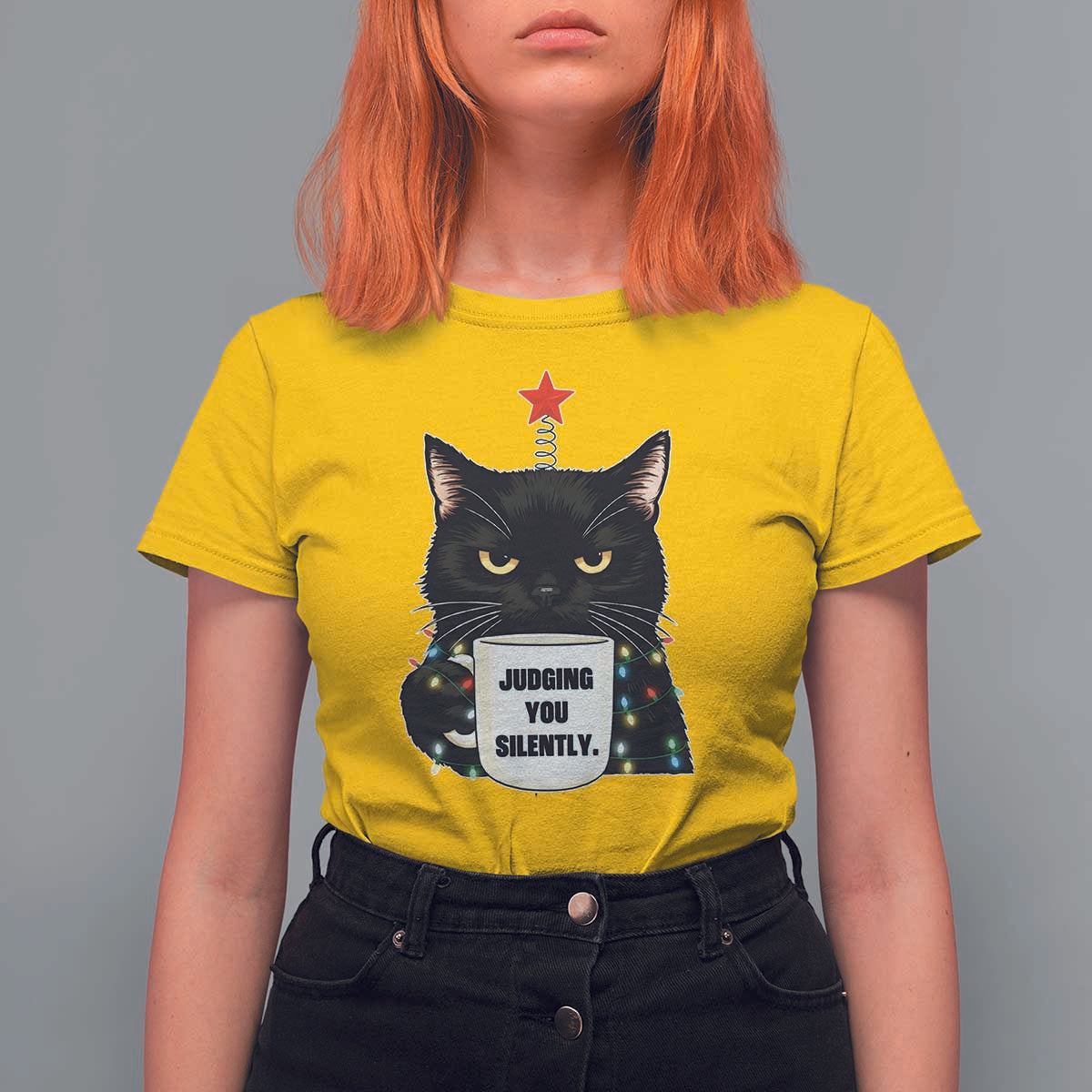 Funny Black Cat Christmas T Shirt For Women Judging You Silently - Wonder Print Shop