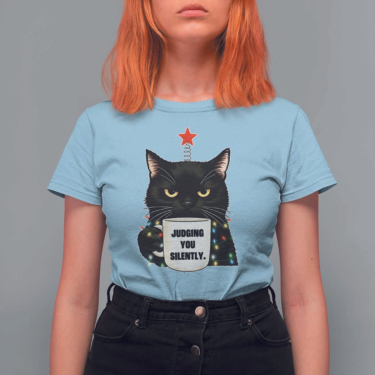 Funny Black Cat Christmas T Shirt For Women Judging You Silently - Wonder Print Shop