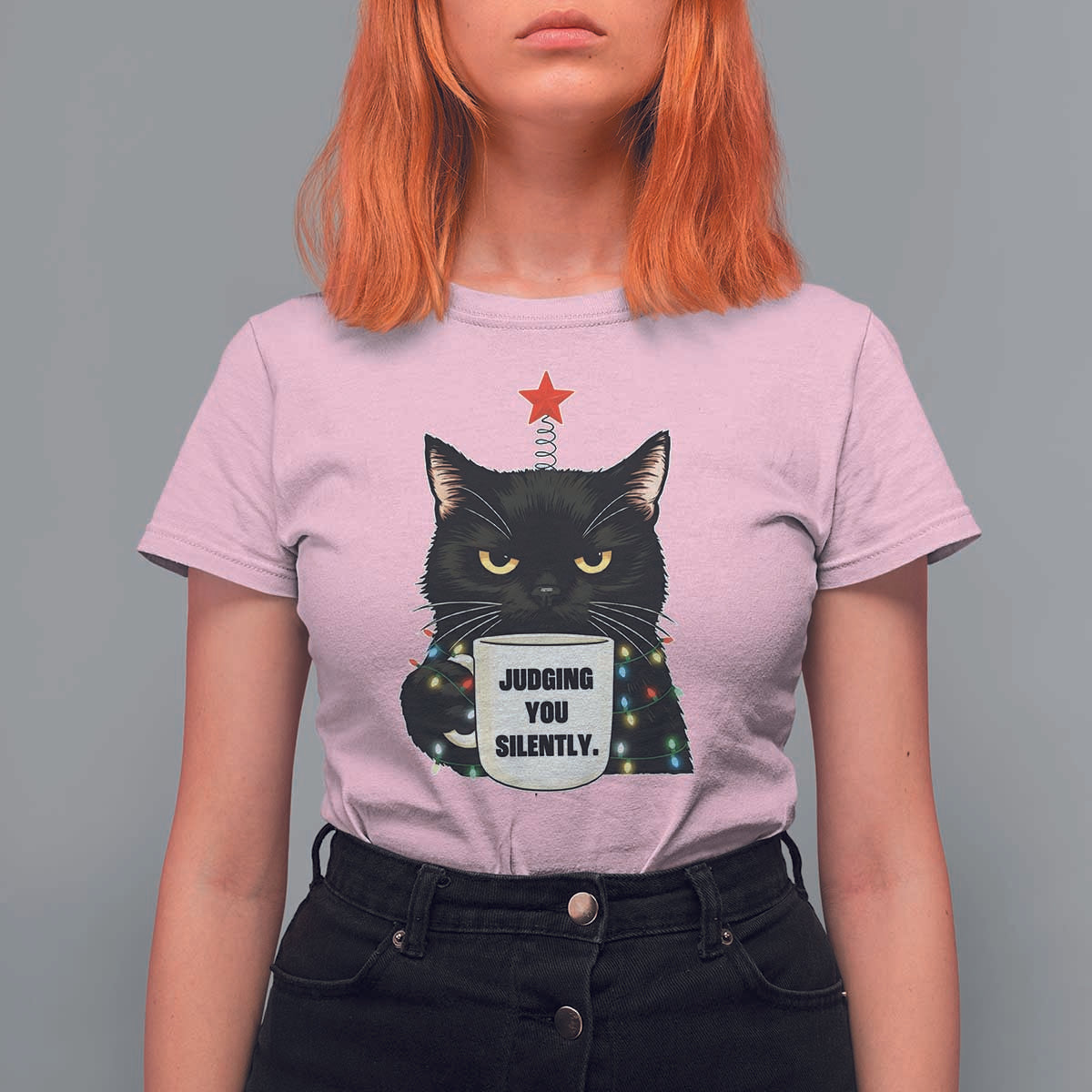Funny Black Cat Christmas T Shirt For Women Judging You Silently - Wonder Print Shop
