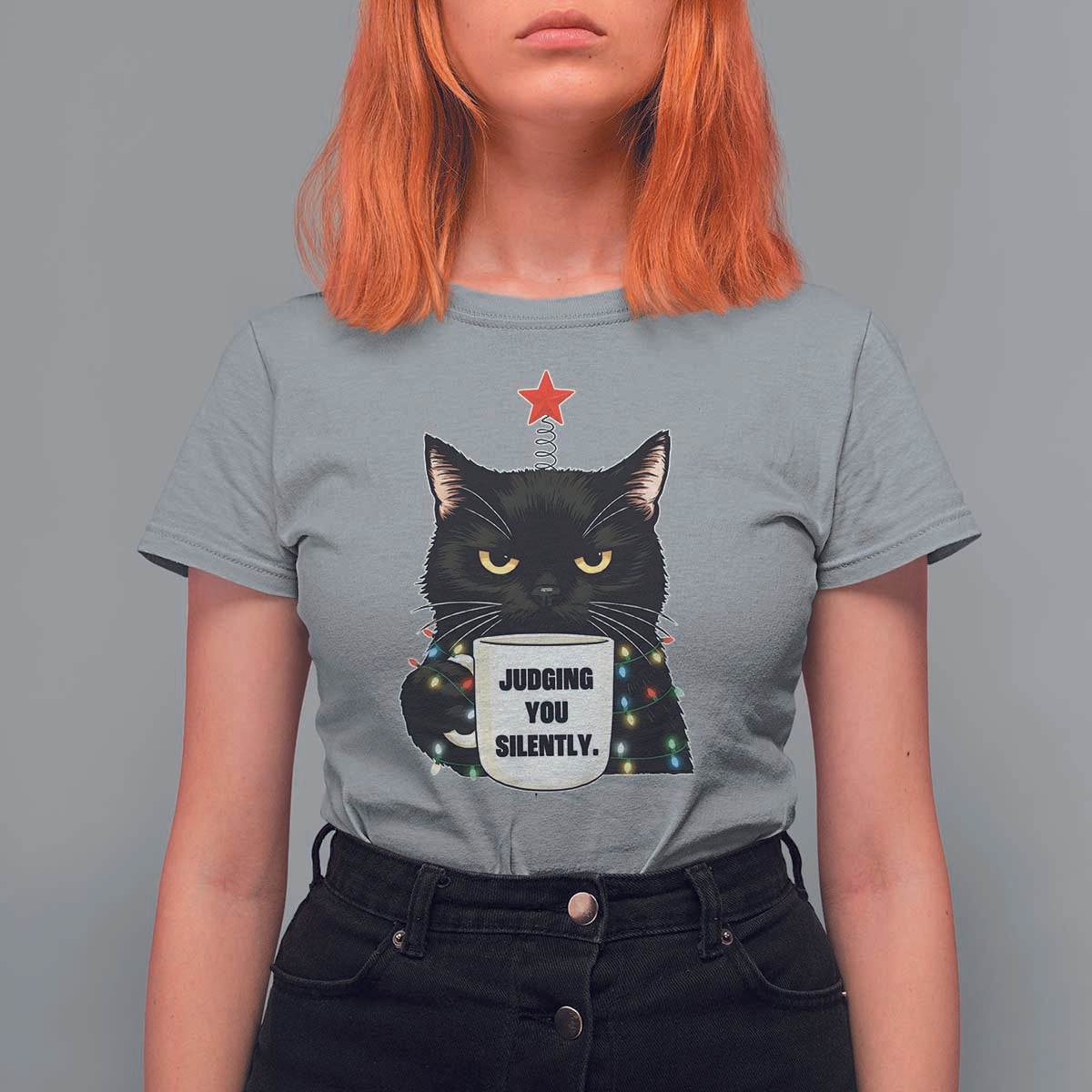 Funny Black Cat Christmas T Shirt For Women Judging You Silently - Wonder Print Shop