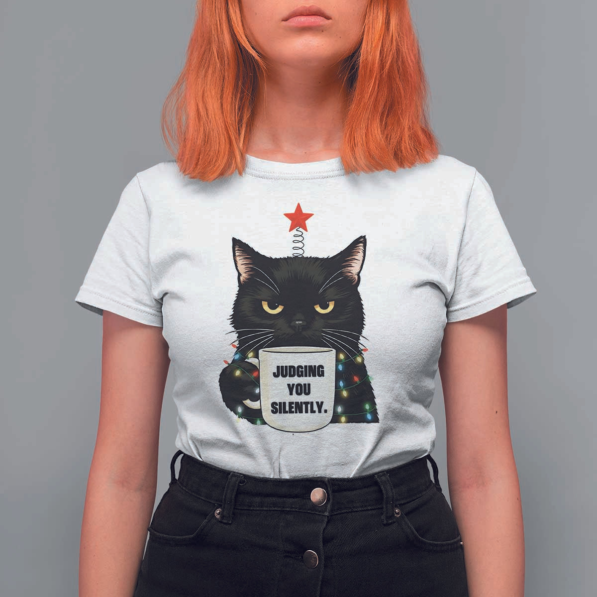 Funny Black Cat Christmas T Shirt For Women Judging You Silently - Wonder Print Shop