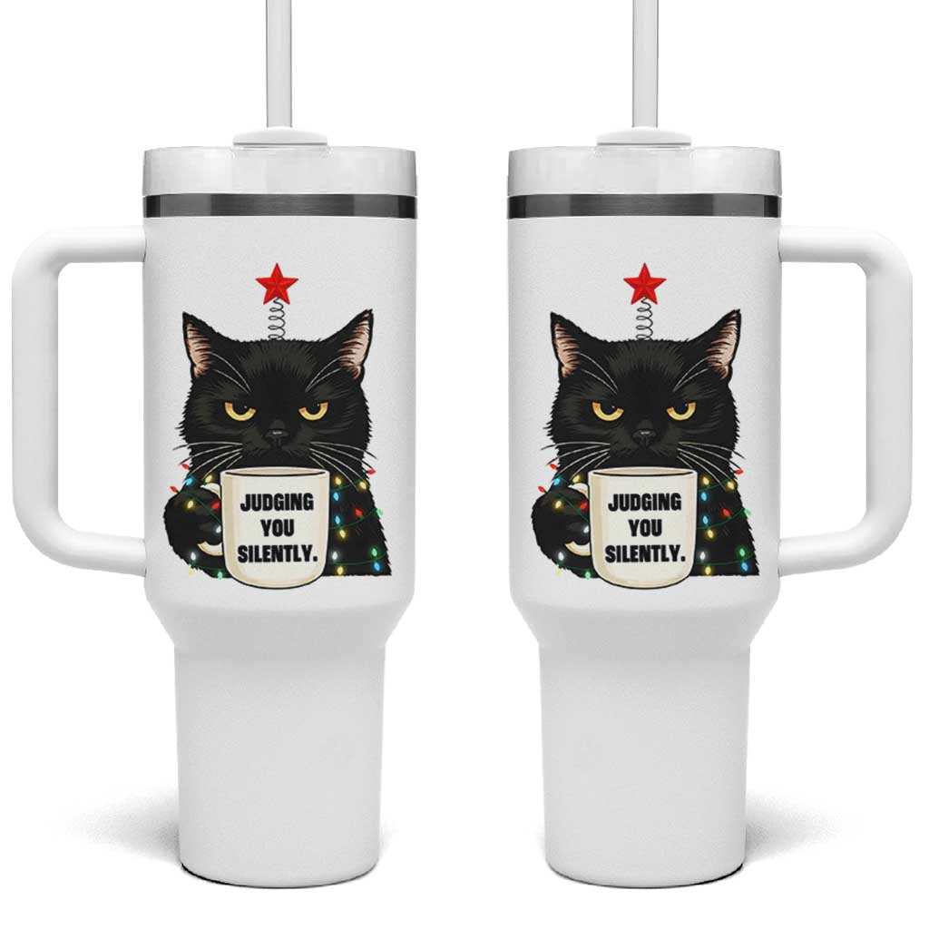 Funny Black Cat Christmas Tumbler With Handle Judging You Silently - Wonder Print Shop