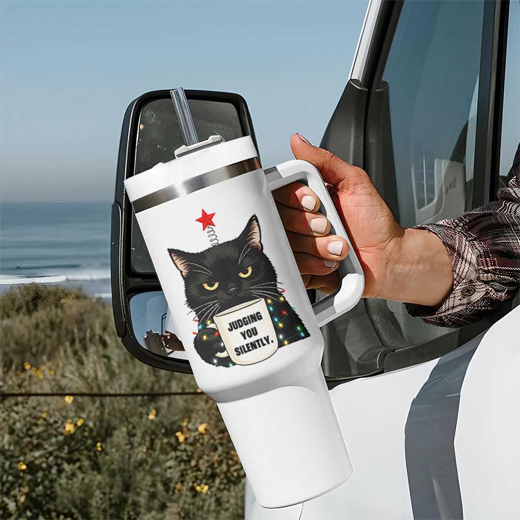 Funny Black Cat Christmas Tumbler With Handle Judging You Silently - Wonder Print Shop