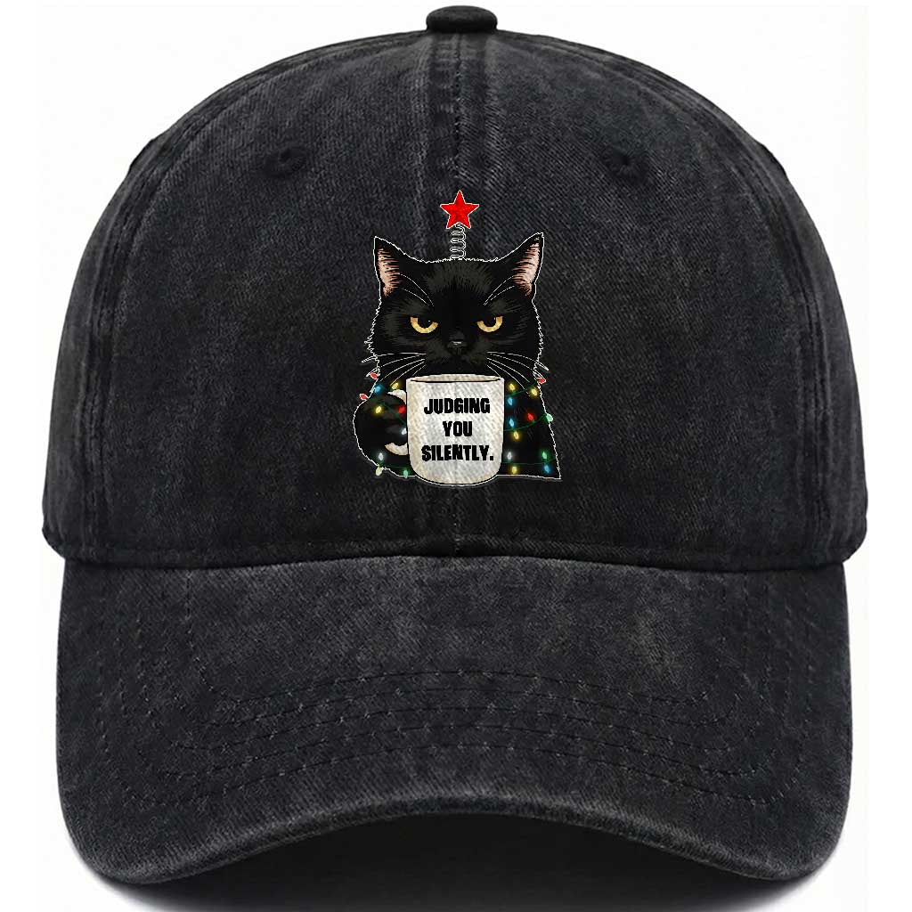 Funny Black Cat Christmas Washed Cotton Baseball Cap Judging You Silently