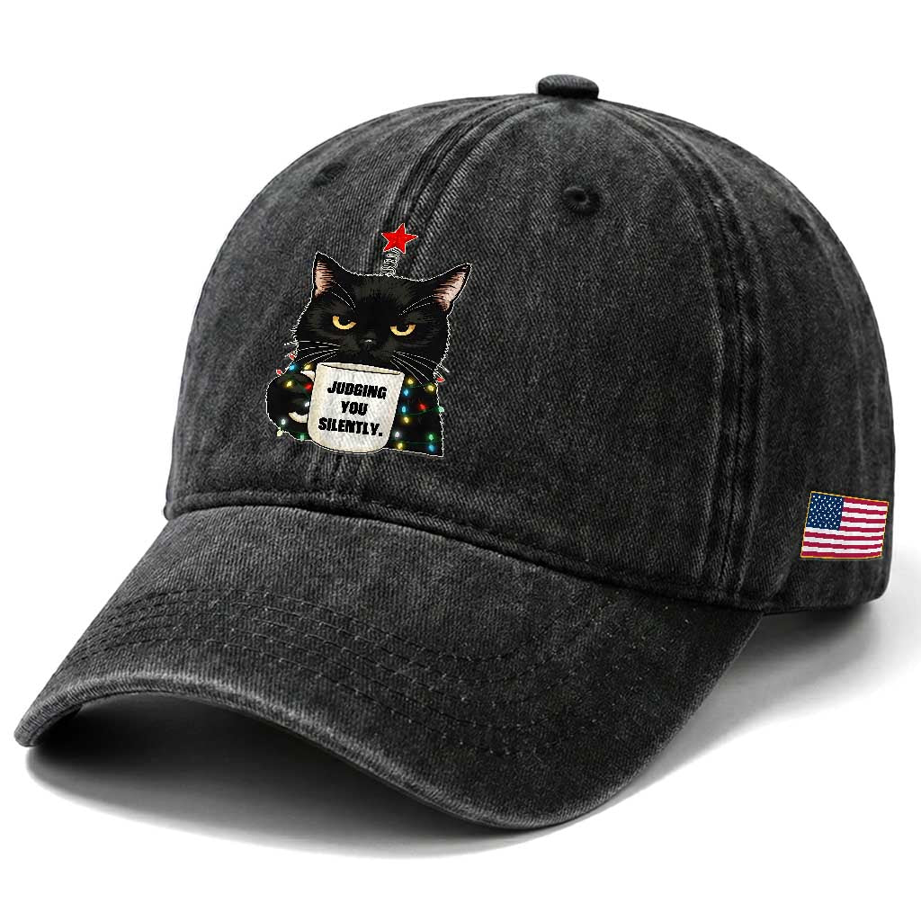 Funny Black Cat Christmas Washed Cotton Baseball Cap Judging You Silently