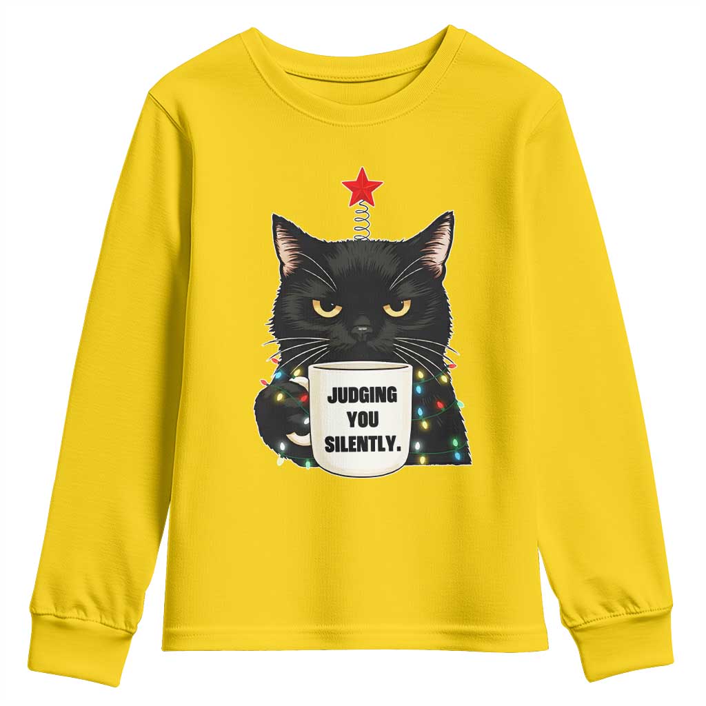 Funny Black Cat Christmas Youth Sweatshirt Judging You Silently - Wonder Print Shop