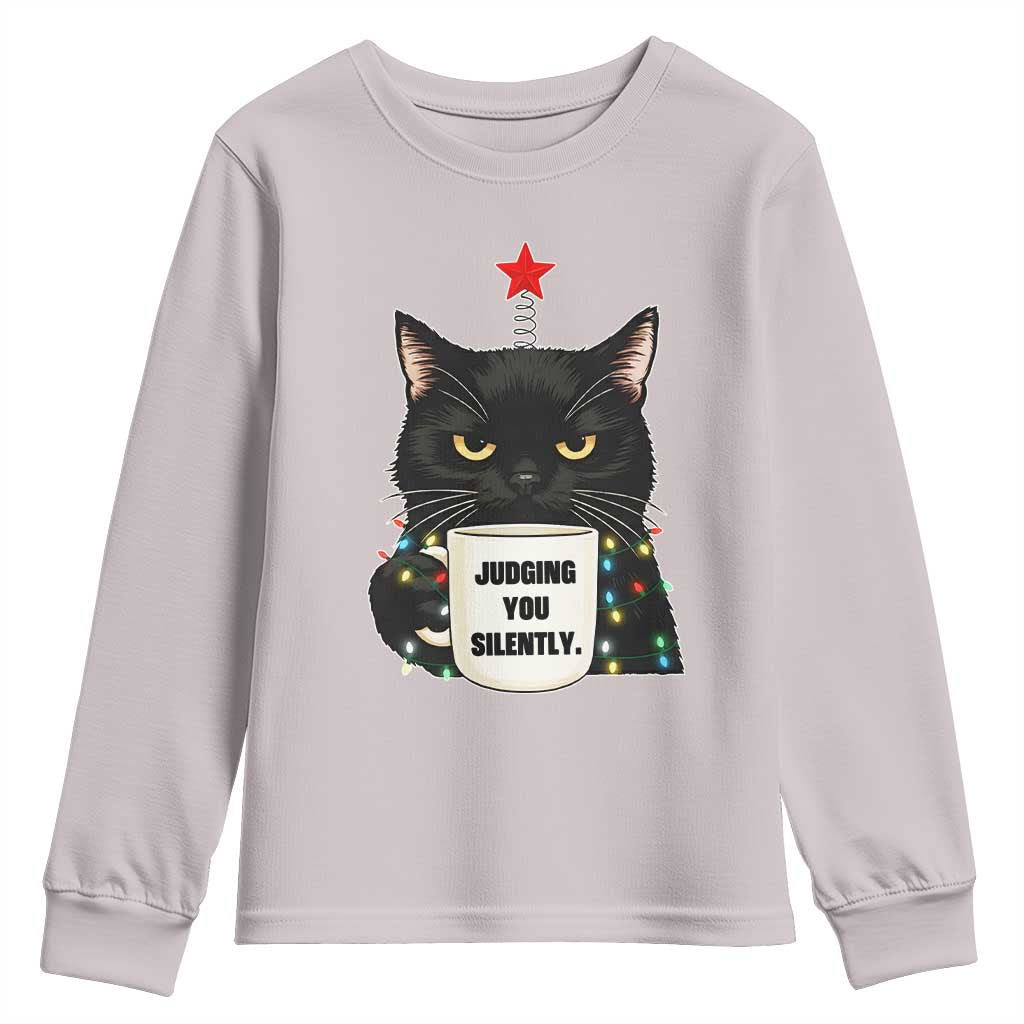 Funny Black Cat Christmas Youth Sweatshirt Judging You Silently - Wonder Print Shop
