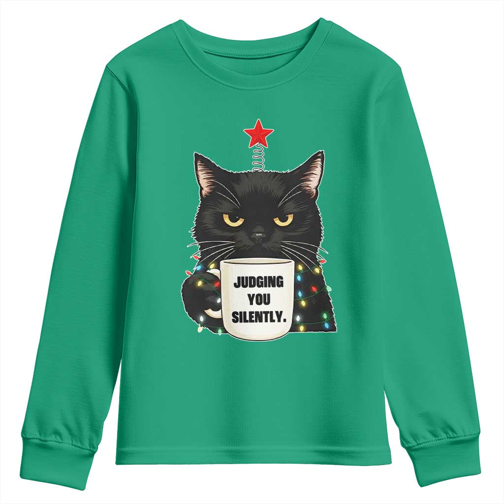 Funny Black Cat Christmas Youth Sweatshirt Judging You Silently - Wonder Print Shop