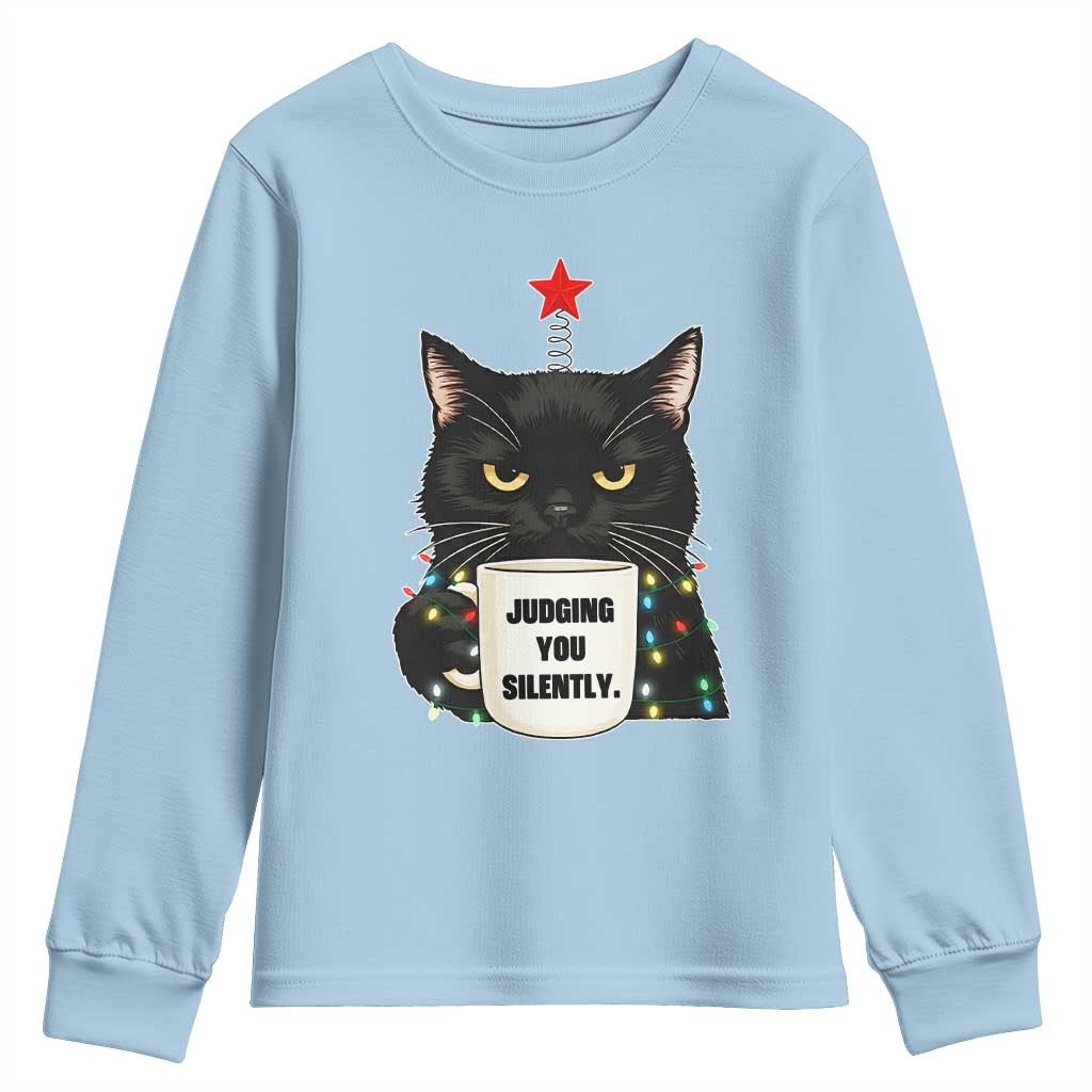 Funny Black Cat Christmas Youth Sweatshirt Judging You Silently - Wonder Print Shop
