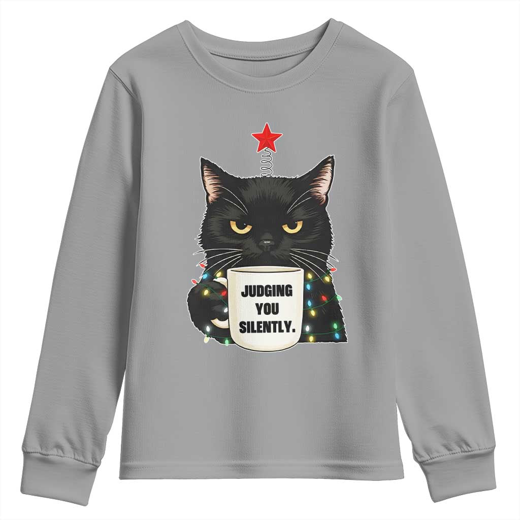 Funny Black Cat Christmas Youth Sweatshirt Judging You Silently - Wonder Print Shop