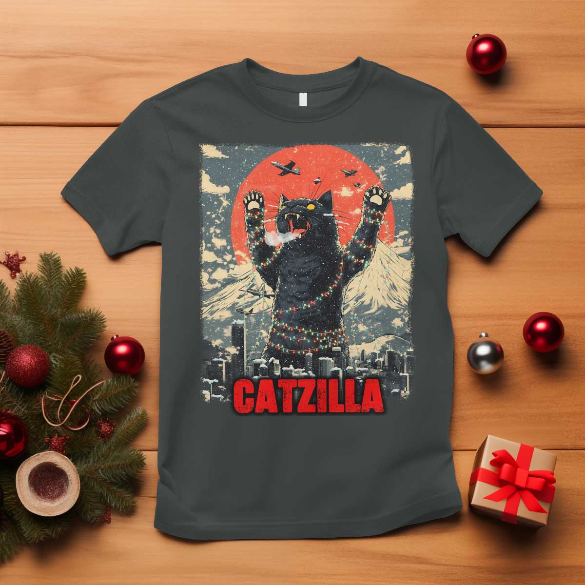 Catzilla Christmas T Shirt Japanese Cat Lover Kitty - Wonder Print Shop