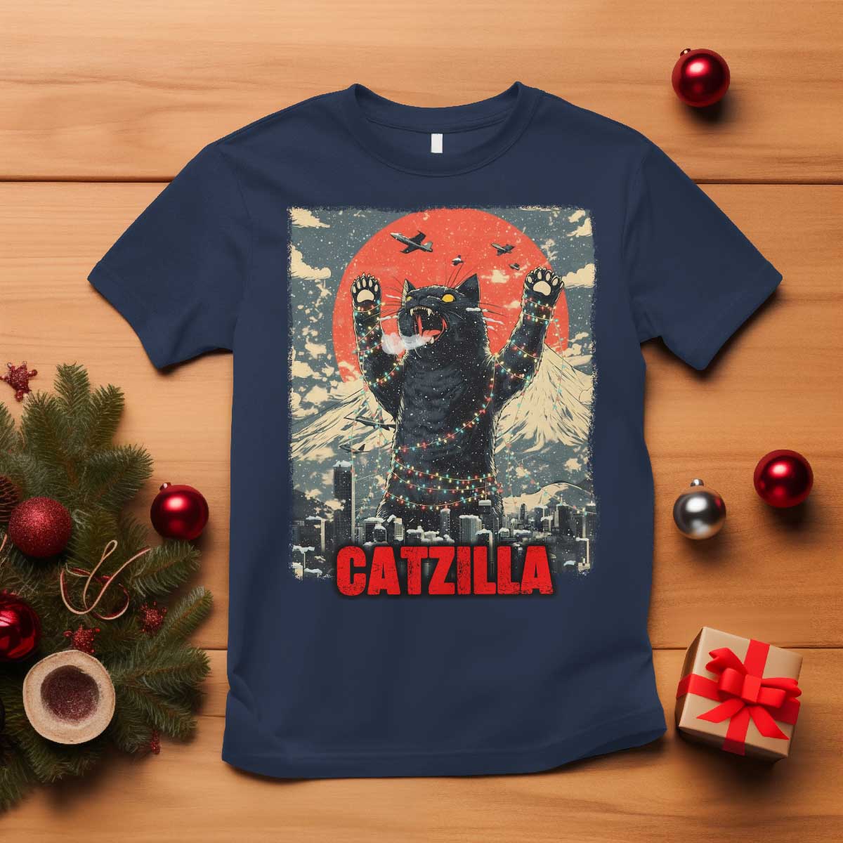 Catzilla Christmas T Shirt Japanese Cat Lover Kitty - Wonder Print Shop