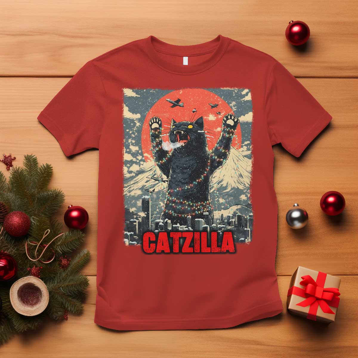 Catzilla Christmas T Shirt Japanese Cat Lover Kitty - Wonder Print Shop