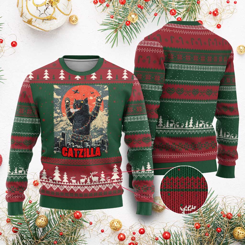 Catzilla Xmas Ugly Christmas Sweater Japanese Cat Lover Kitty - Wonder Print Shop