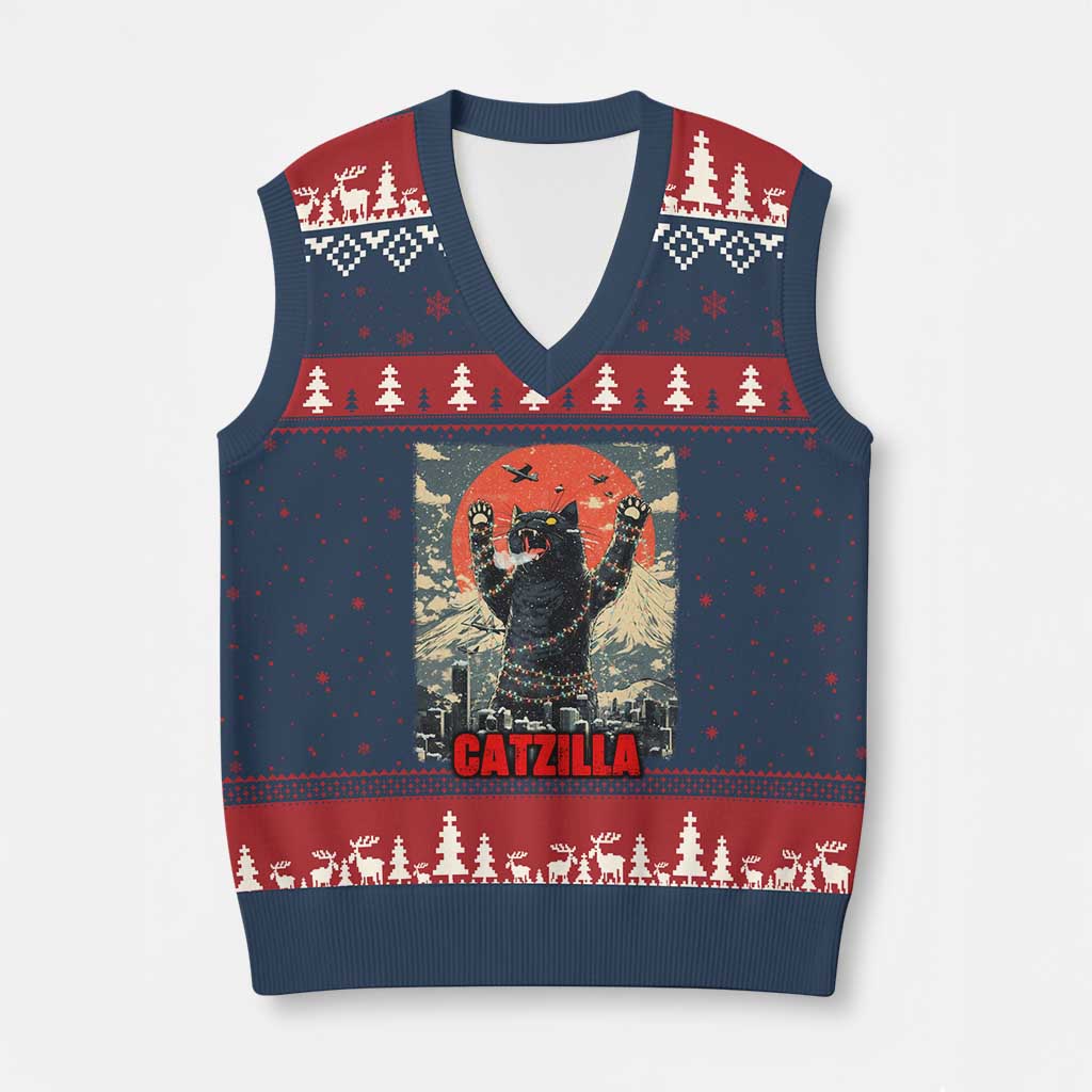 Catzilla Xmas V-Neck Knit Sweater Vest Japanese Cat Lover Kitty - Wonder Print Shop