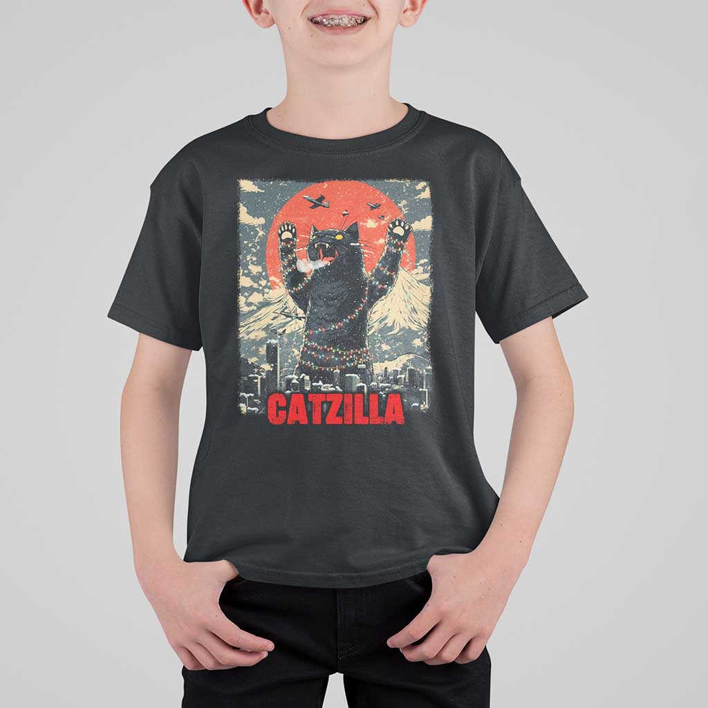 Catzilla Christmas T Shirt For Kid Japanese Cat Lover Kitty - Wonder Print Shop