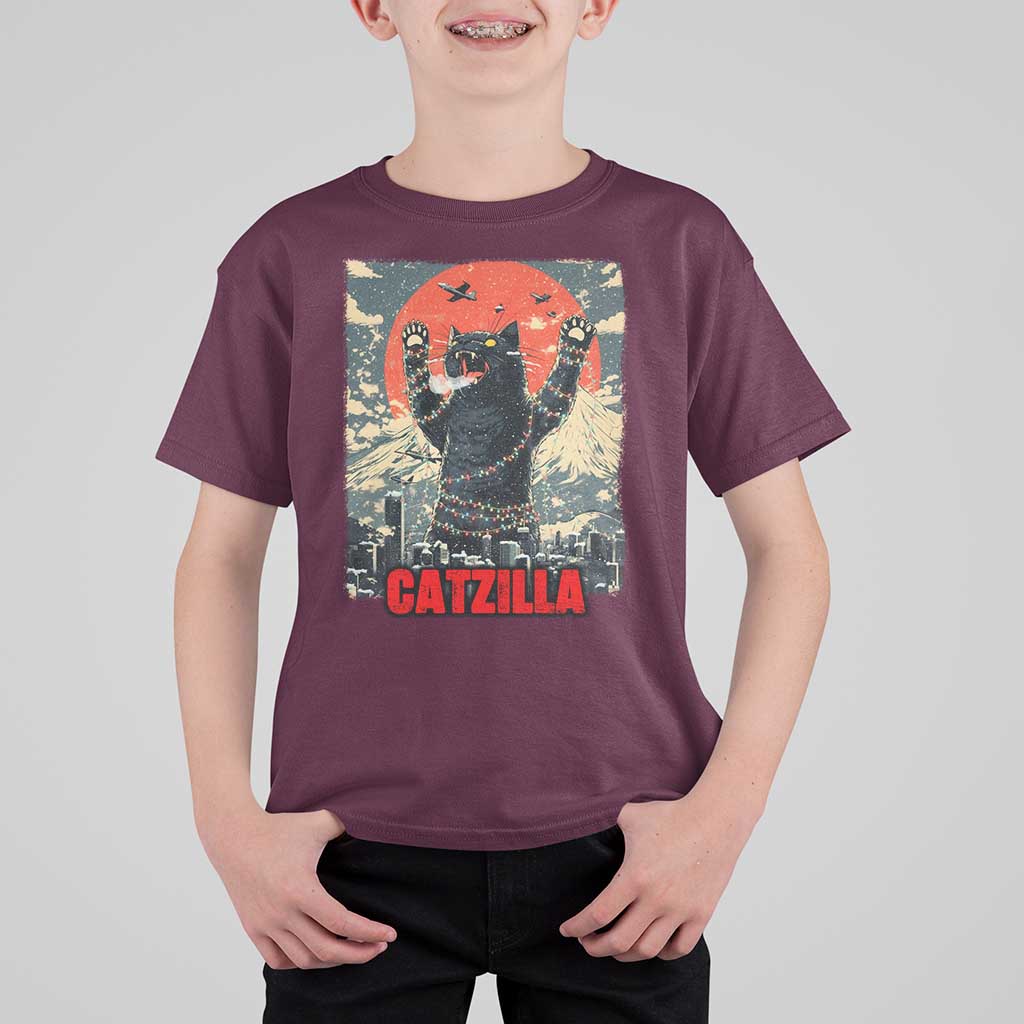 Catzilla Christmas T Shirt For Kid Japanese Cat Lover Kitty - Wonder Print Shop