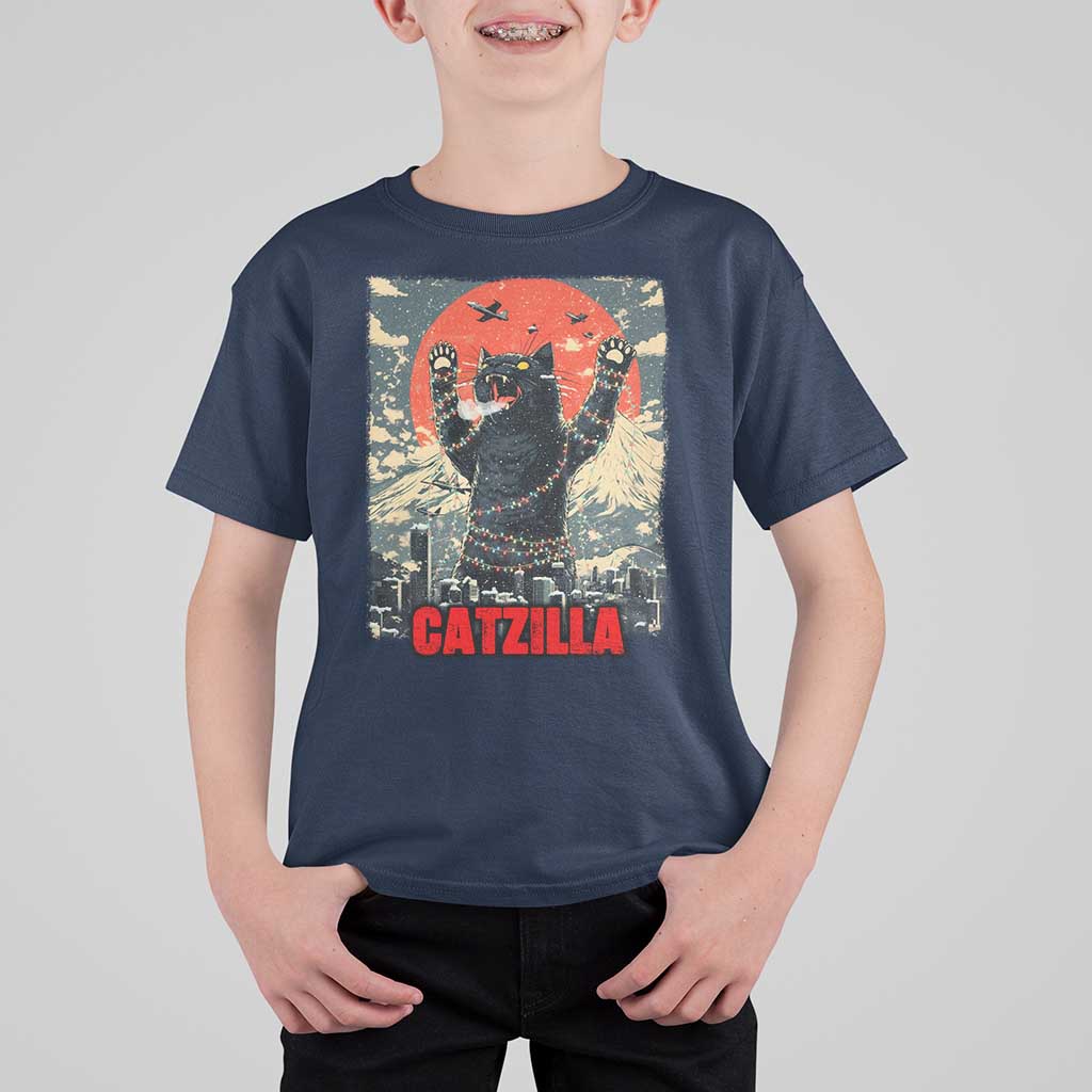 Catzilla Christmas T Shirt For Kid Japanese Cat Lover Kitty - Wonder Print Shop