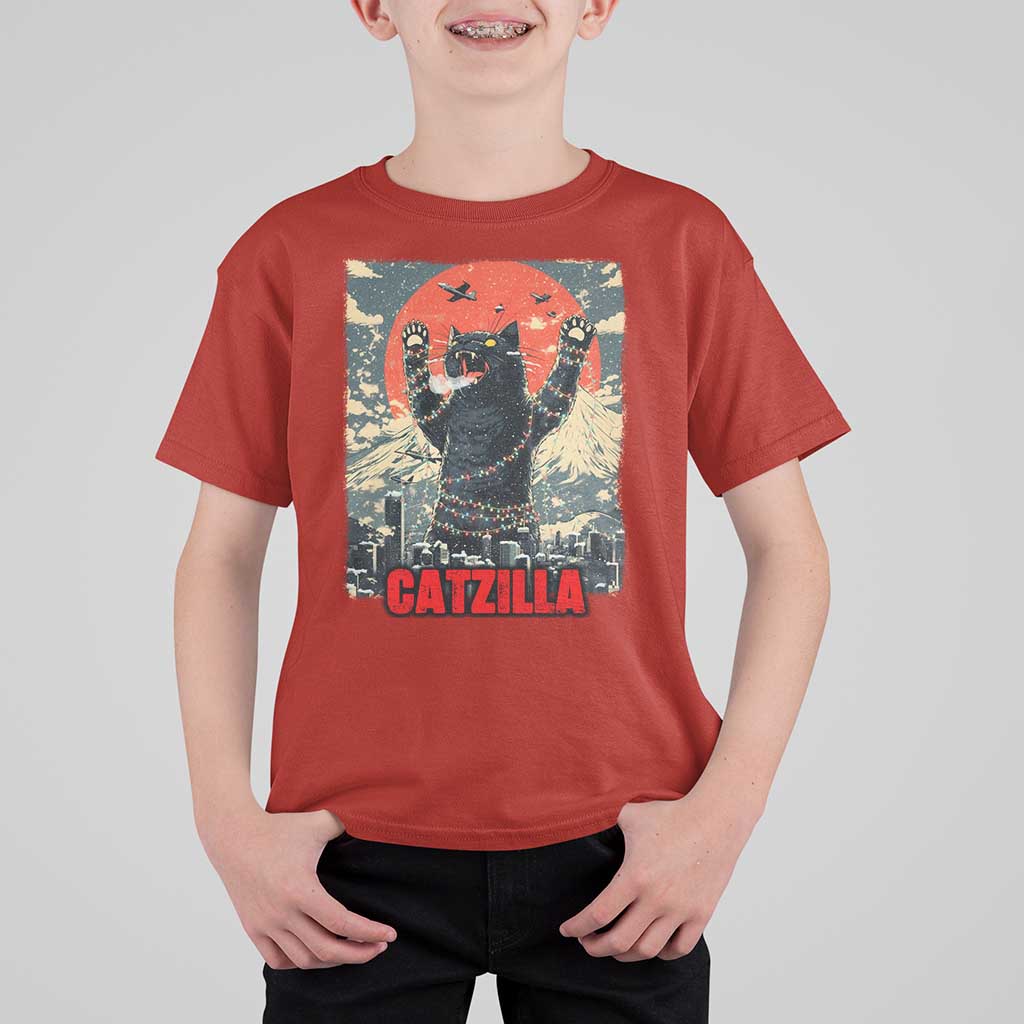 Catzilla Christmas T Shirt For Kid Japanese Cat Lover Kitty - Wonder Print Shop