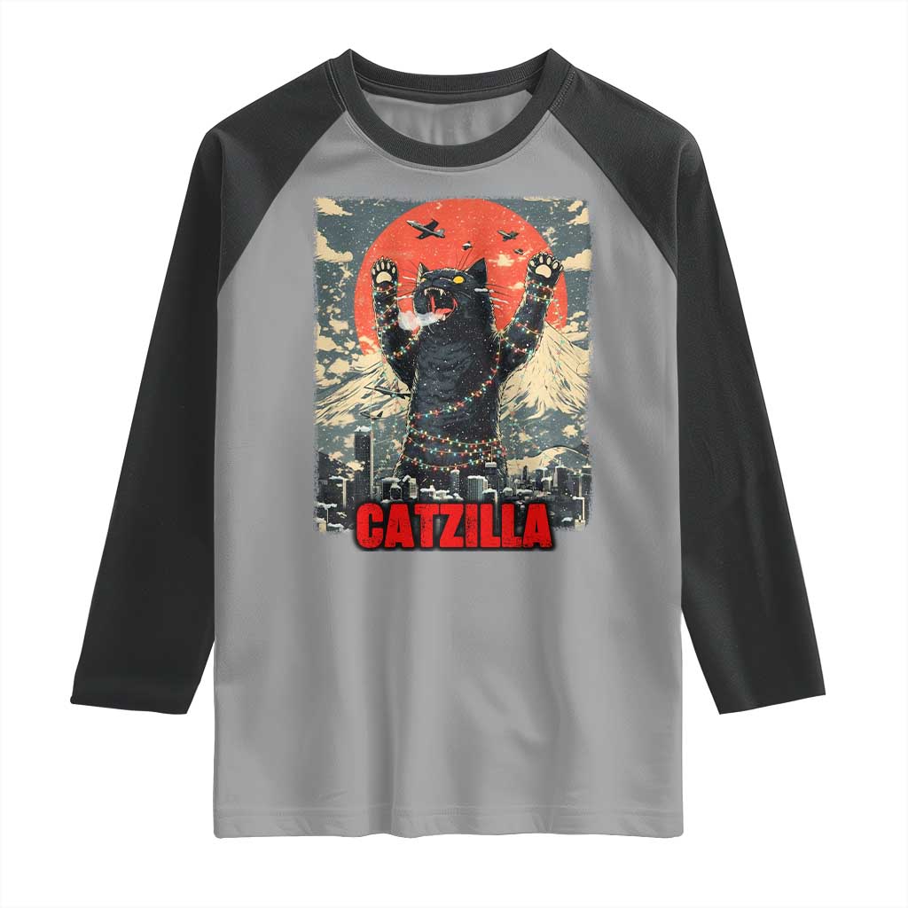 Catzilla Christmas Raglan Shirt Japanese Cat Lover Kitty - Wonder Print Shop