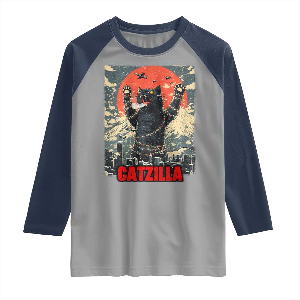 Catzilla Christmas Raglan Shirt Japanese Cat Lover Kitty - Wonder Print Shop