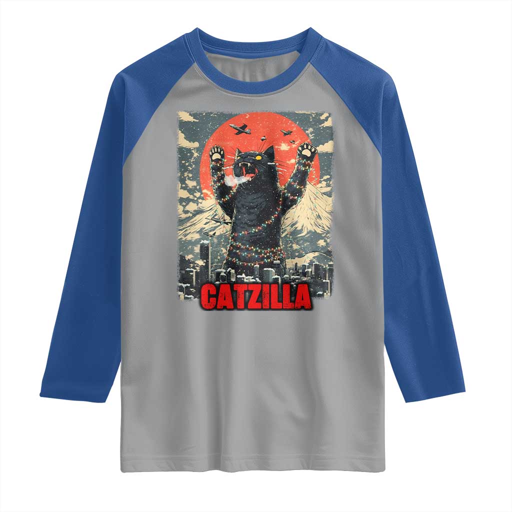 Catzilla Christmas Raglan Shirt Japanese Cat Lover Kitty - Wonder Print Shop