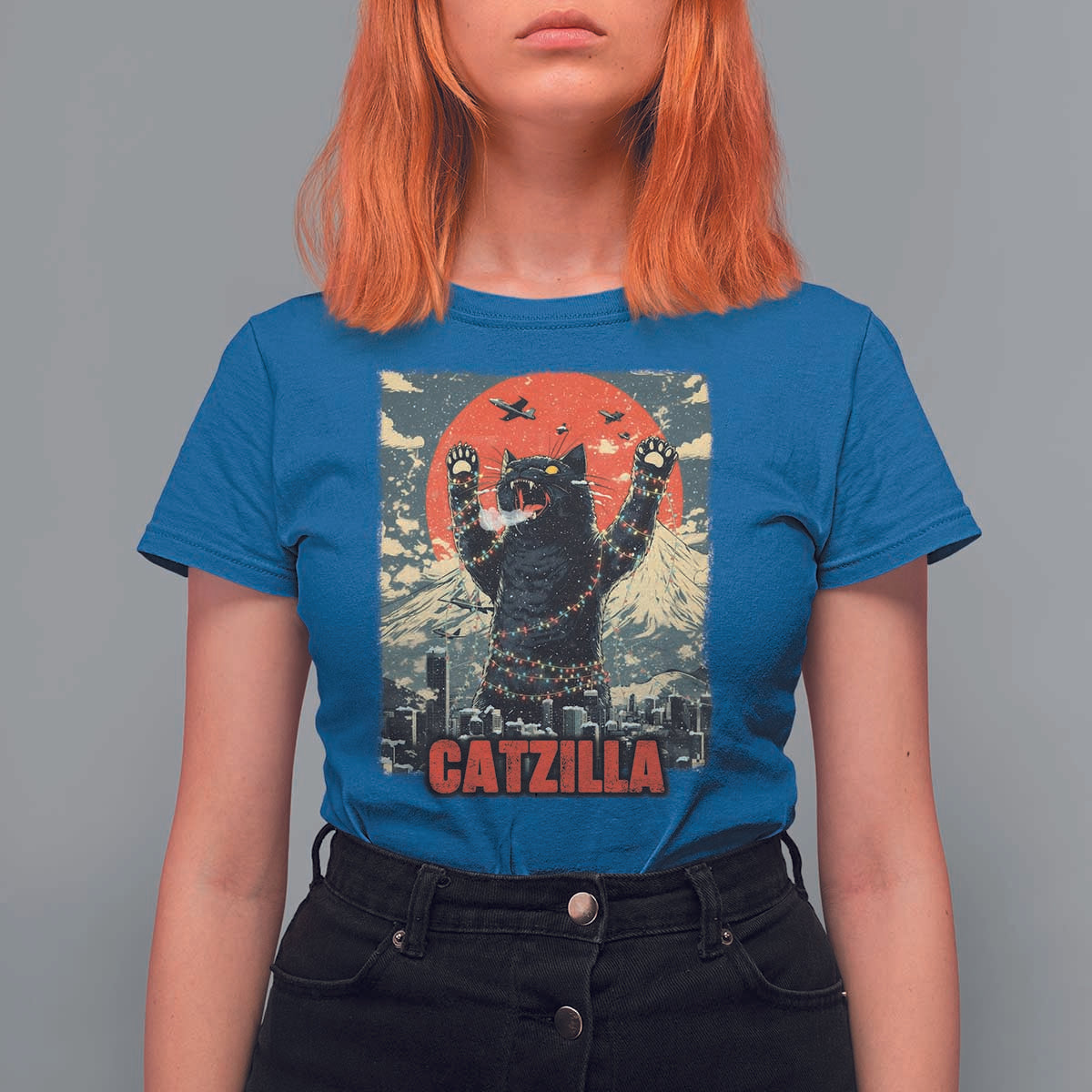 Catzilla Christmas T Shirt For Women Japanese Cat Lover Kitty - Wonder Print Shop