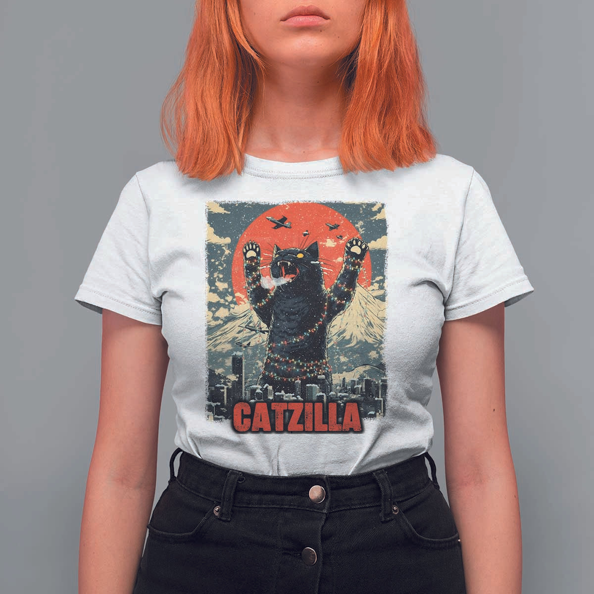Catzilla Christmas T Shirt For Women Japanese Cat Lover Kitty - Wonder Print Shop