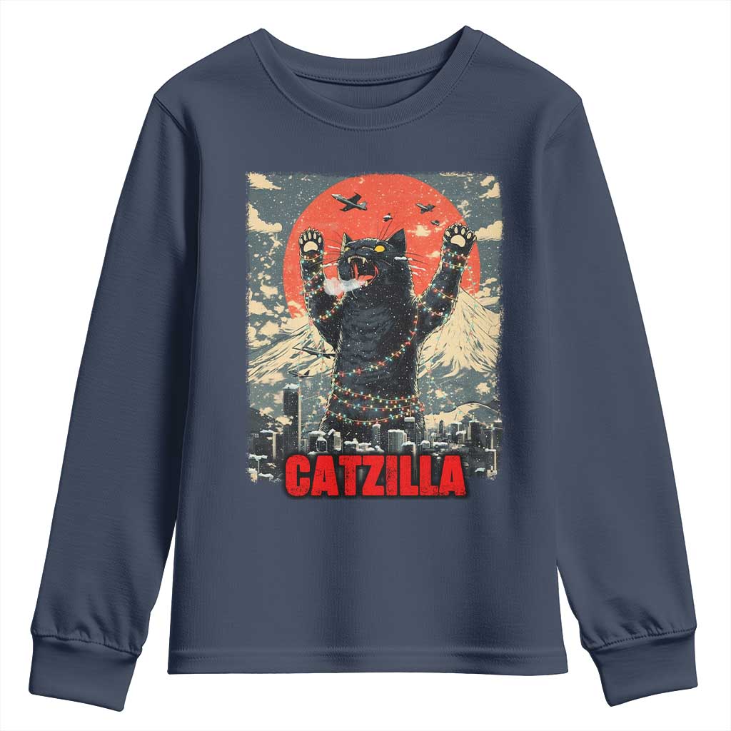 Catzilla Christmas Youth Sweatshirt Japanese Cat Lover Kitty - Wonder Print Shop