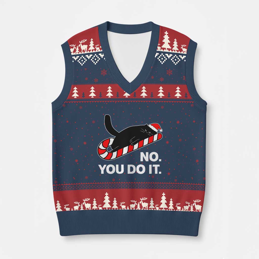 Funny Lazy Cat Xmas V-Neck Knit Sweater Vest No You Do It - Wonder Print Shop