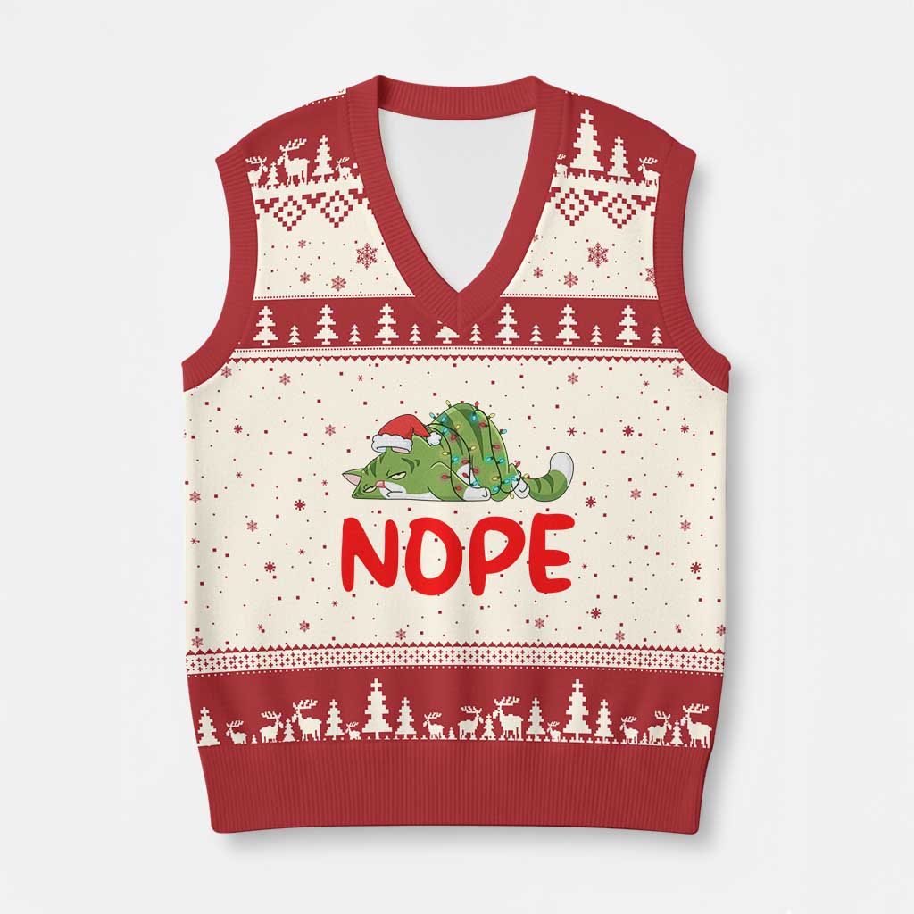 Funny Lazy Cat Xmas V-Neck Knit Sweater Vest Nope Not Today - Wonder Print Shop