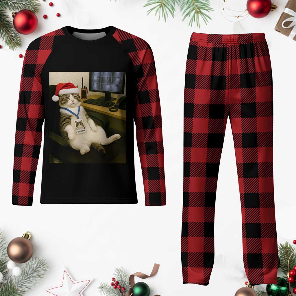 Funny Cat Christmas Plaid Pajama Set Night Time Security Guard - Wonder Print Shop