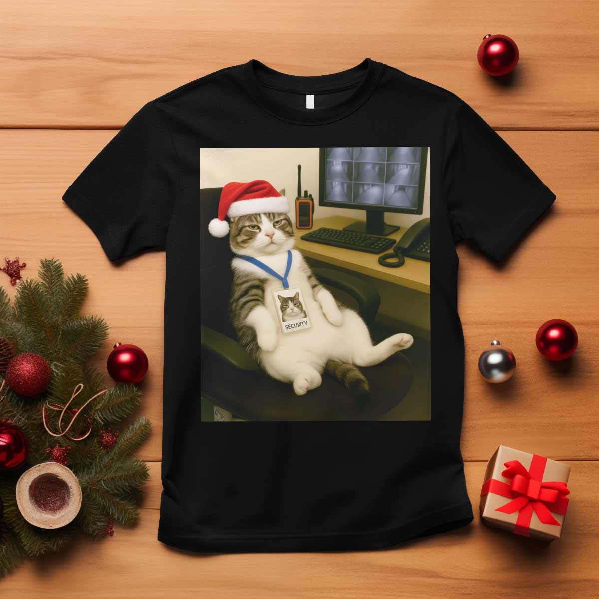 Funny Cat Christmas T Shirt Night Time Security Guard - Wonder Print Shop