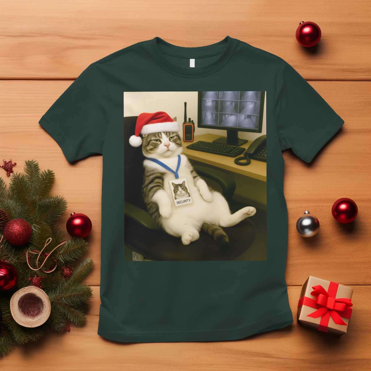 Funny Cat Christmas T Shirt Night Time Security Guard - Wonder Print Shop
