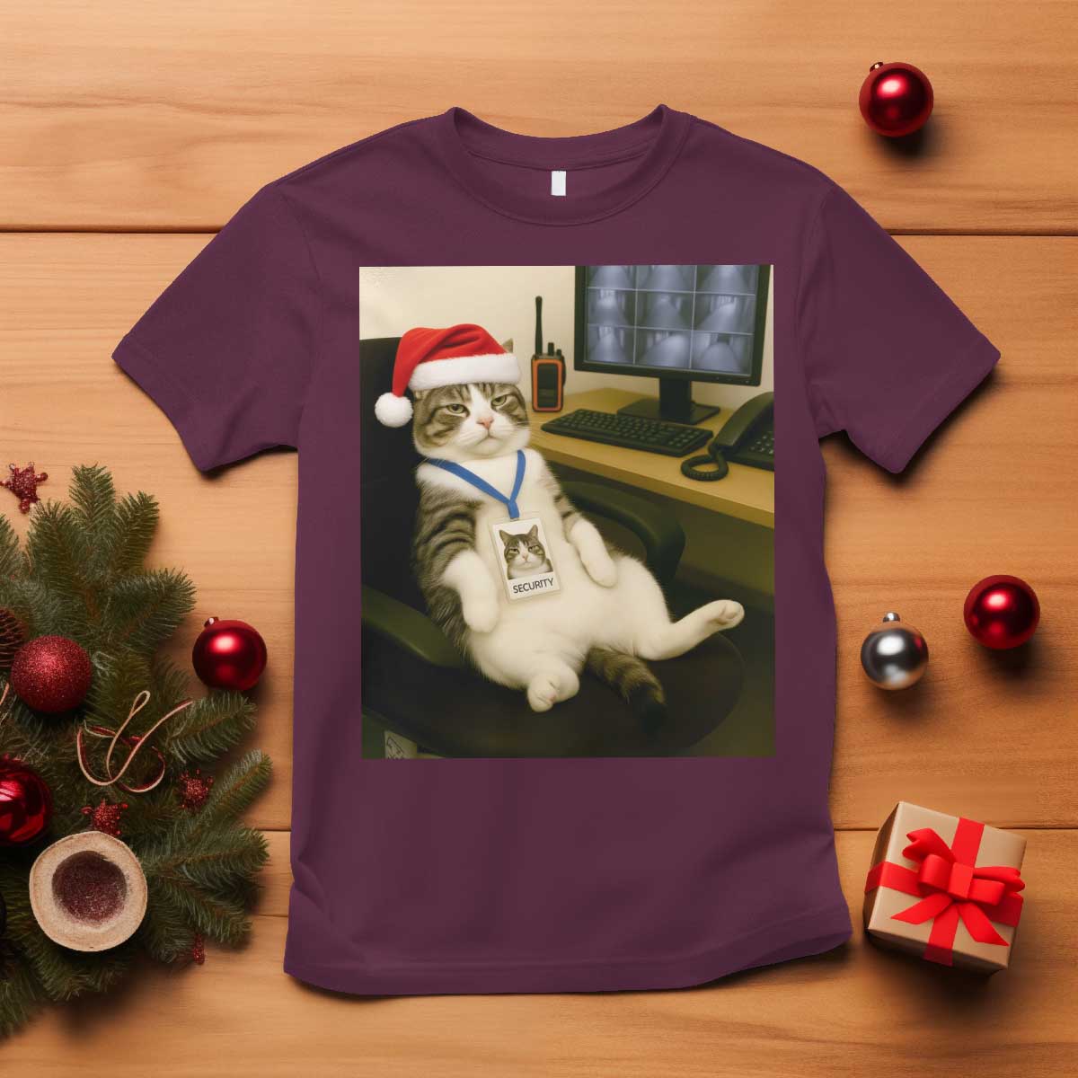Funny Cat Christmas T Shirt Night Time Security Guard - Wonder Print Shop