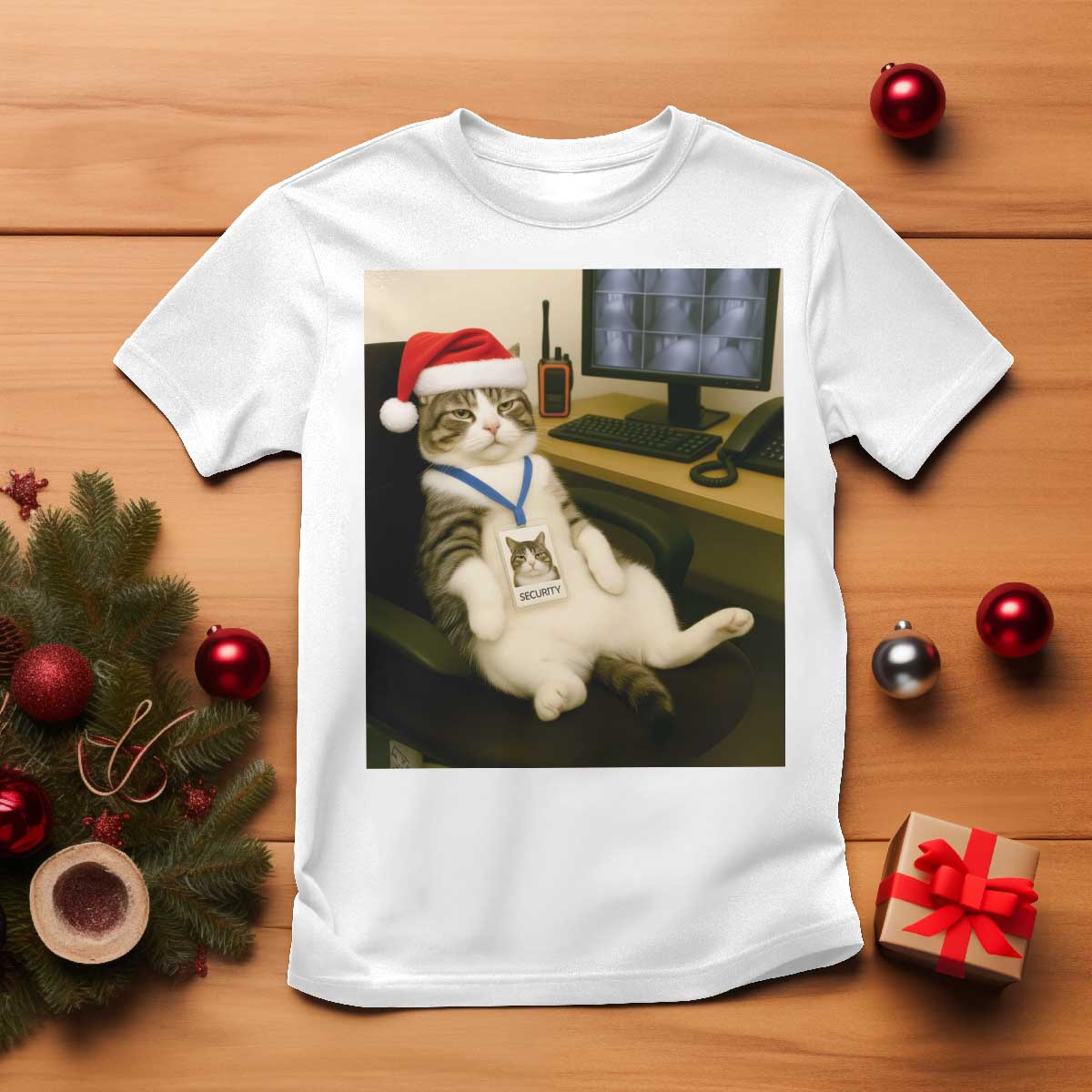 Funny Cat Christmas T Shirt Night Time Security Guard - Wonder Print Shop