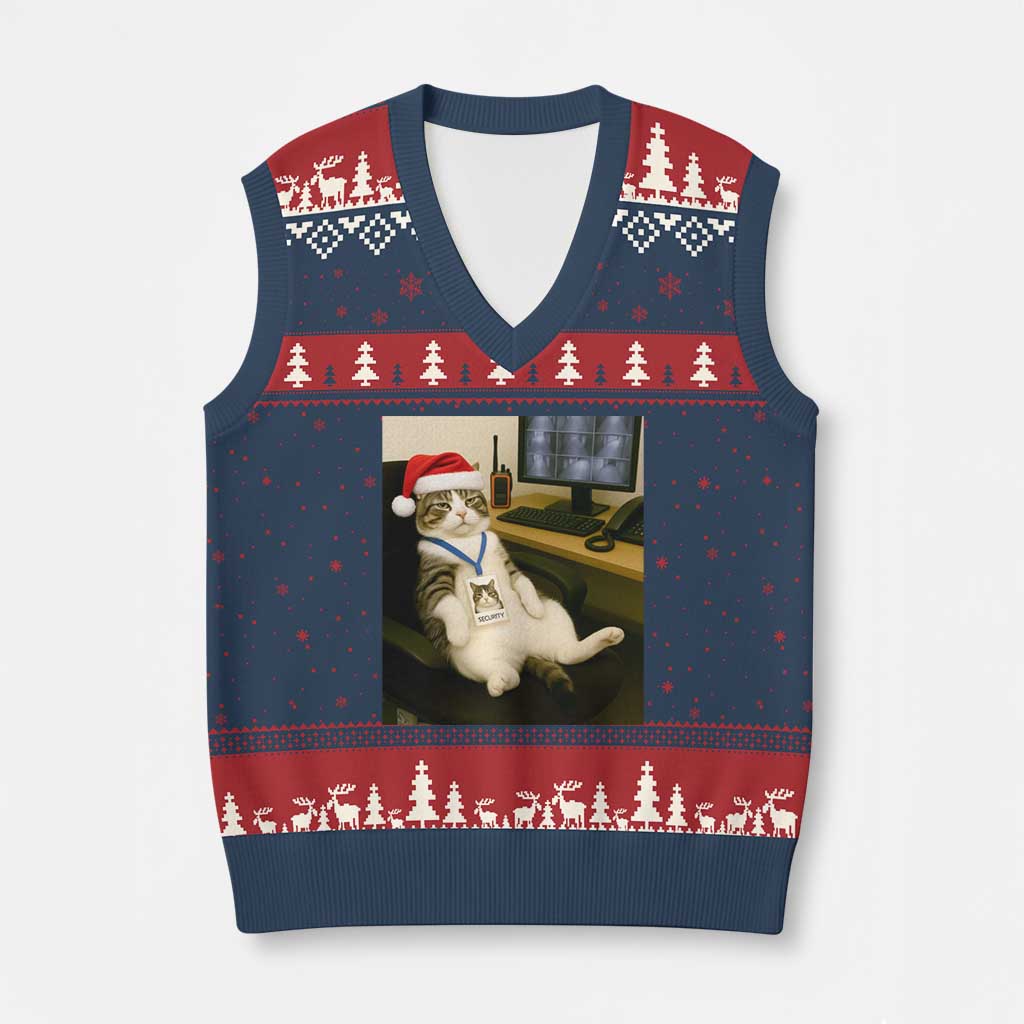 Funny Cat Xmas V-Neck Knit Sweater Vest Night Time Security Guard - Wonder Print Shop