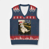 Funny Cat Xmas V-Neck Knit Sweater Vest Night Time Security Guard - Wonder Print Shop